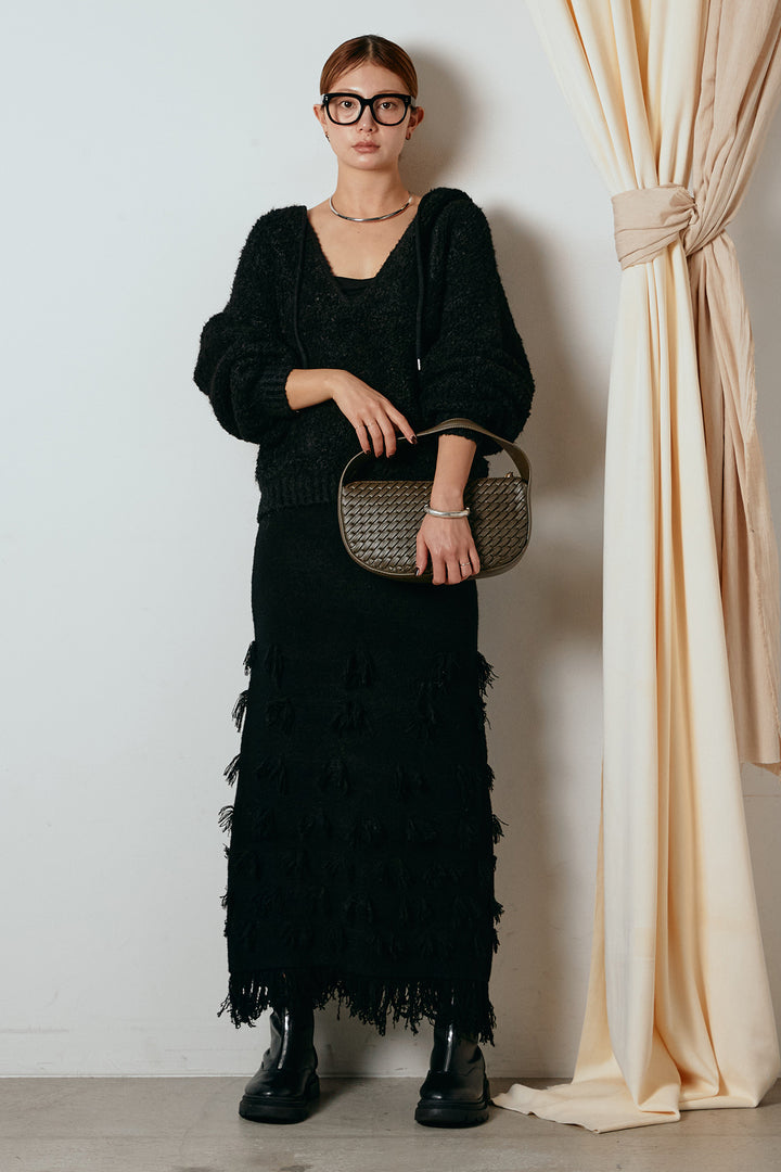 [SET]ブークレキーネックプルオーバー+ポイントフリンジニットナロースカート(2set)