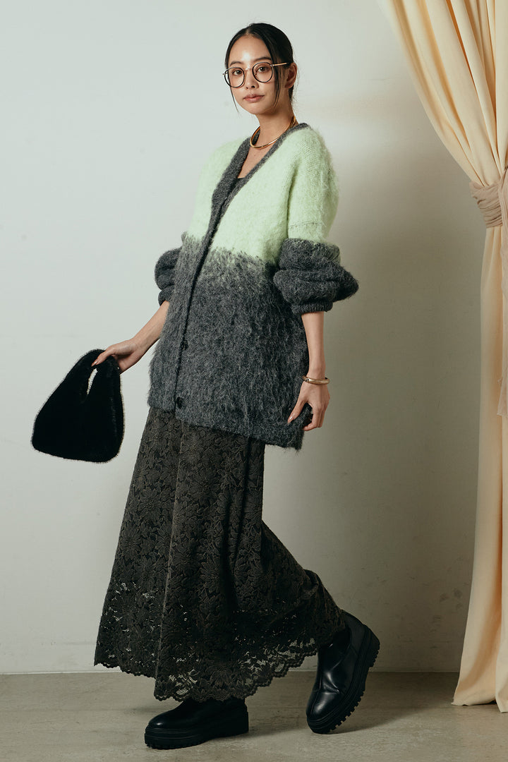 [SET]起毛グラデーションニットカーディガン+花柄刺繍ベロアフレアスカート(2set)