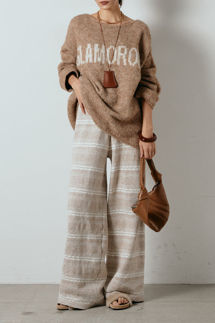 [SET]フロントロゴデザインニットトップス+マルチライン柄リラックスニットパンツ(2set)