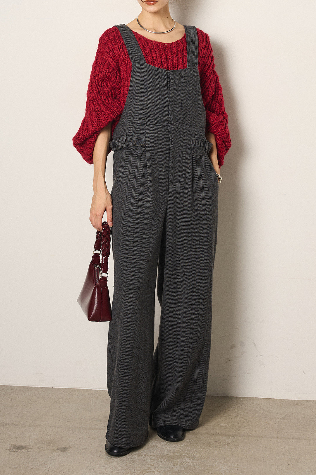 [SET]チャンキースラブニットクロップドプルオーバー+クラシックヘリンボーンサロペット(2set)