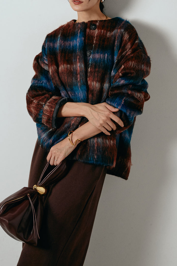 [SET]ノーカラーシャギーチェックアウター+裏起毛スウェットワイドパンツ(2set)