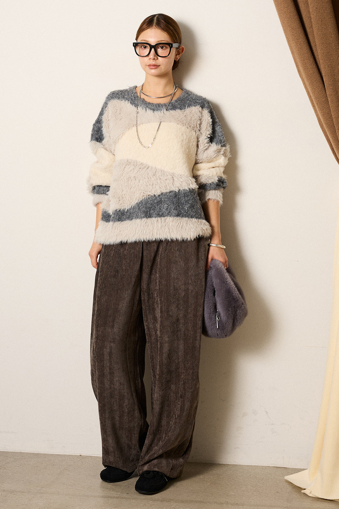 [SET]シャギーウェーブ柄クルーネックニットトップス+かすれデザインワイドパンツ(2set)