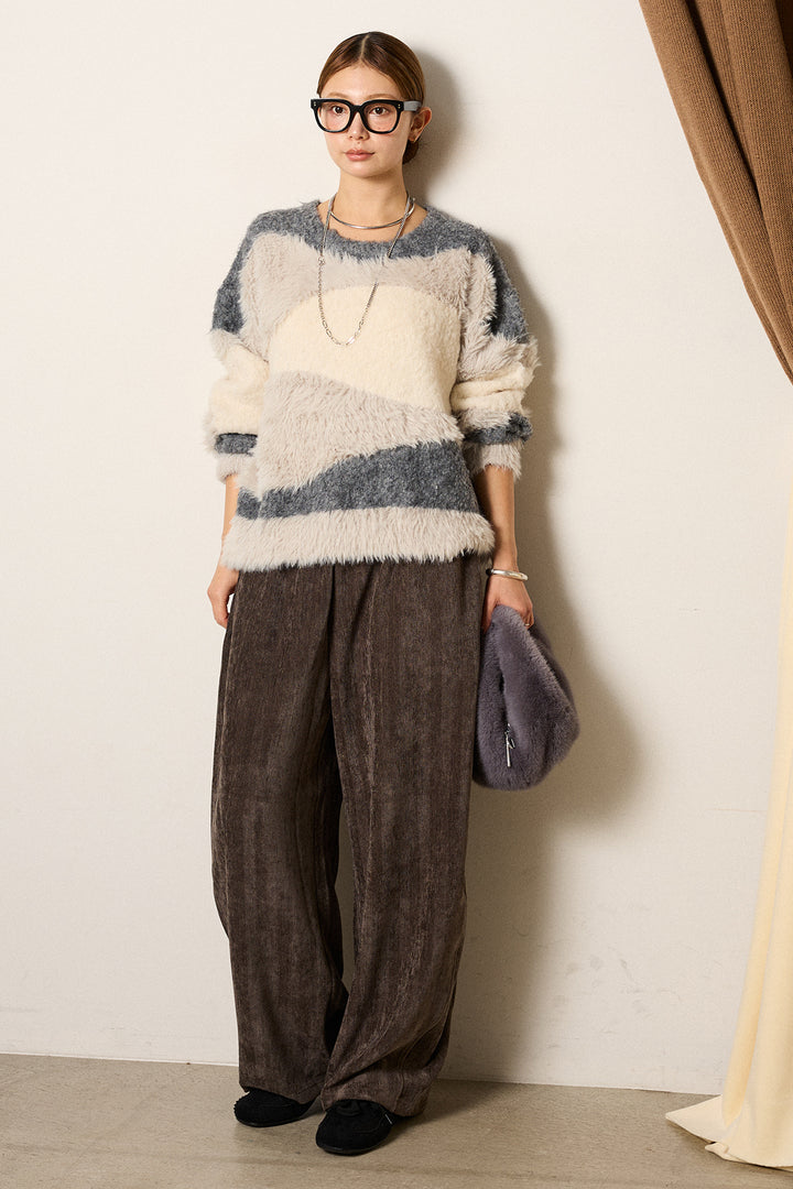 [SET]シャギーウェーブ柄クルーネックニットトップス+かすれデザインワイドパンツ(2set)