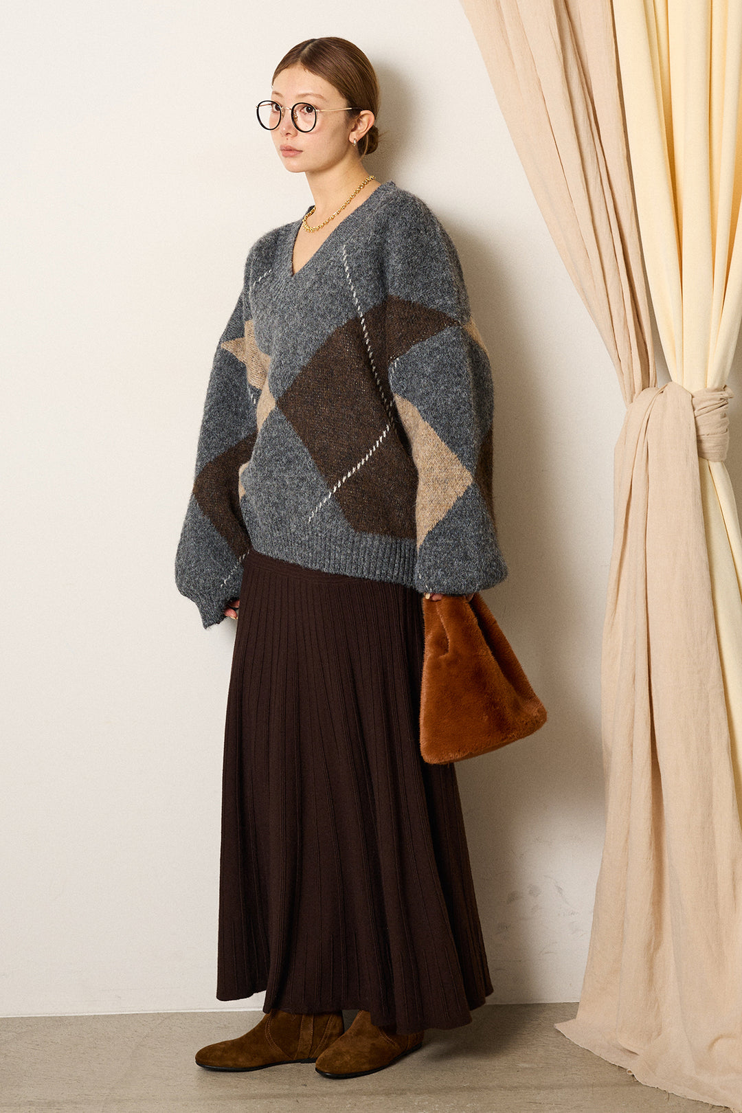 【着回しセット】[SET]ルーズアーガイルVネックニット+編み地切り替えフレアニットスカート+編み地切り替えフレアニットスカート(3set)