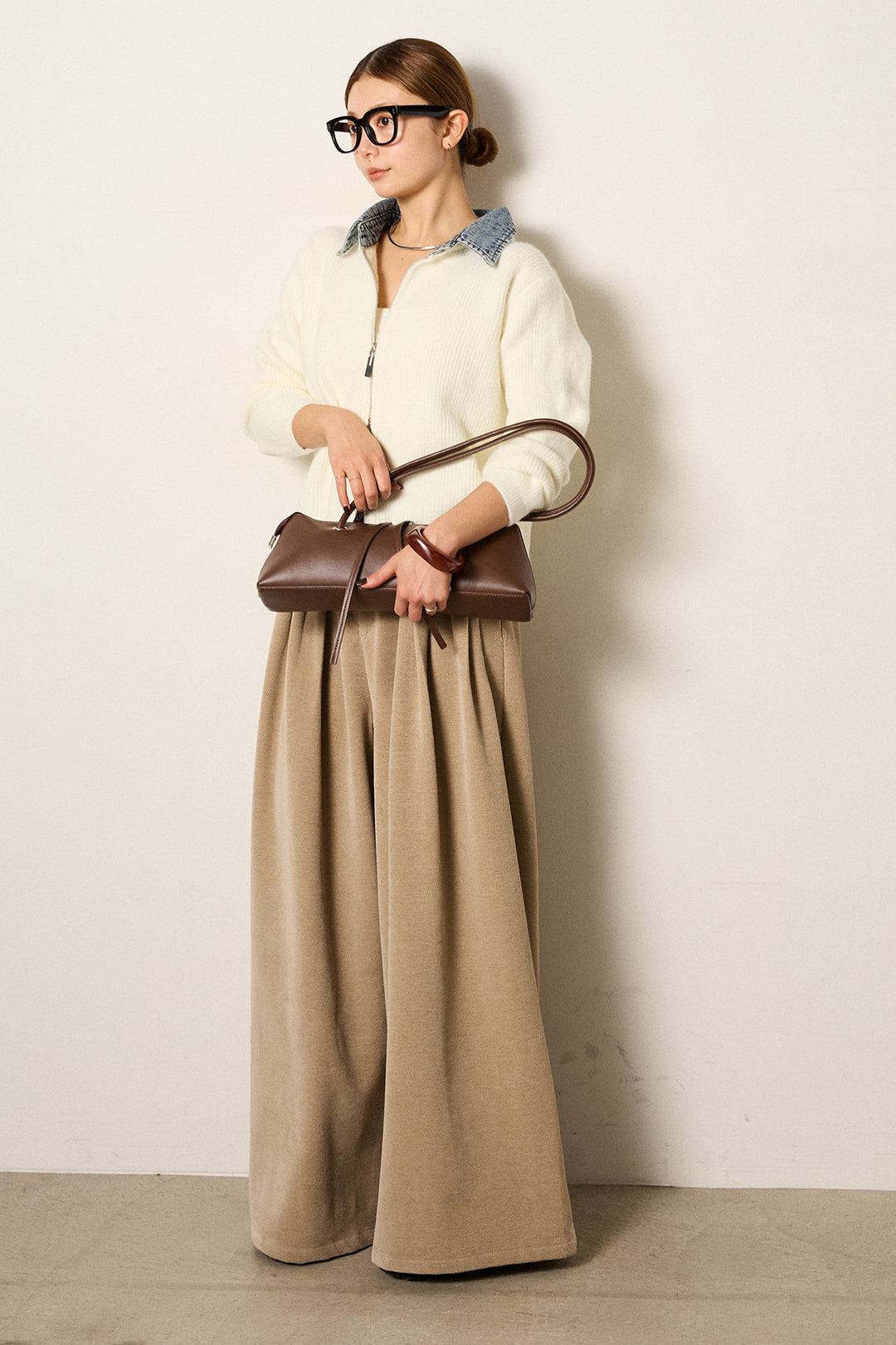 [SET]デニム襟ダブルジップニットトップス+ベルトループコーデュロイワイドパンツ(2set)