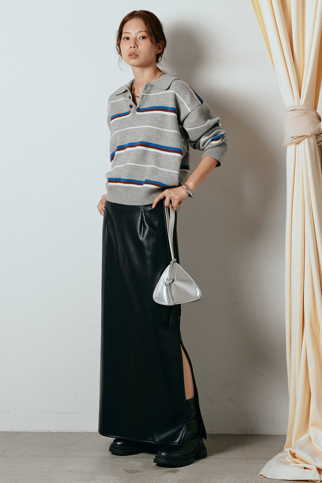 [SET]襟付きマルチボーダーニットポロトップス+紐付きフェイクレザーワイドスカート(2set)