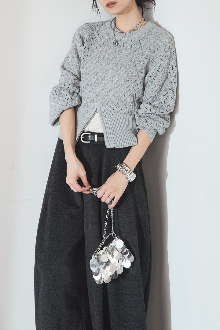 [SET]透かし編みニットジップスリットプルオーバー+ウールタッチカーブワイドパンツ(2set)