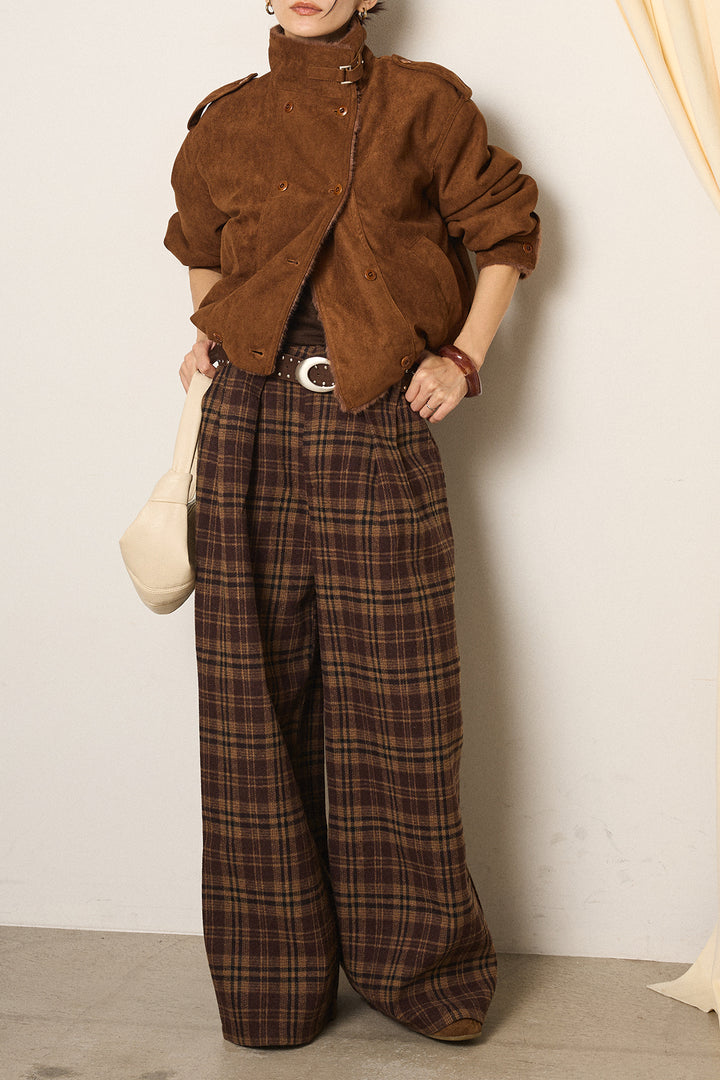 [SET]スタンド襟スウェードライクアウター+スタッズデザインベルトタータンチェックパンツ(2set)