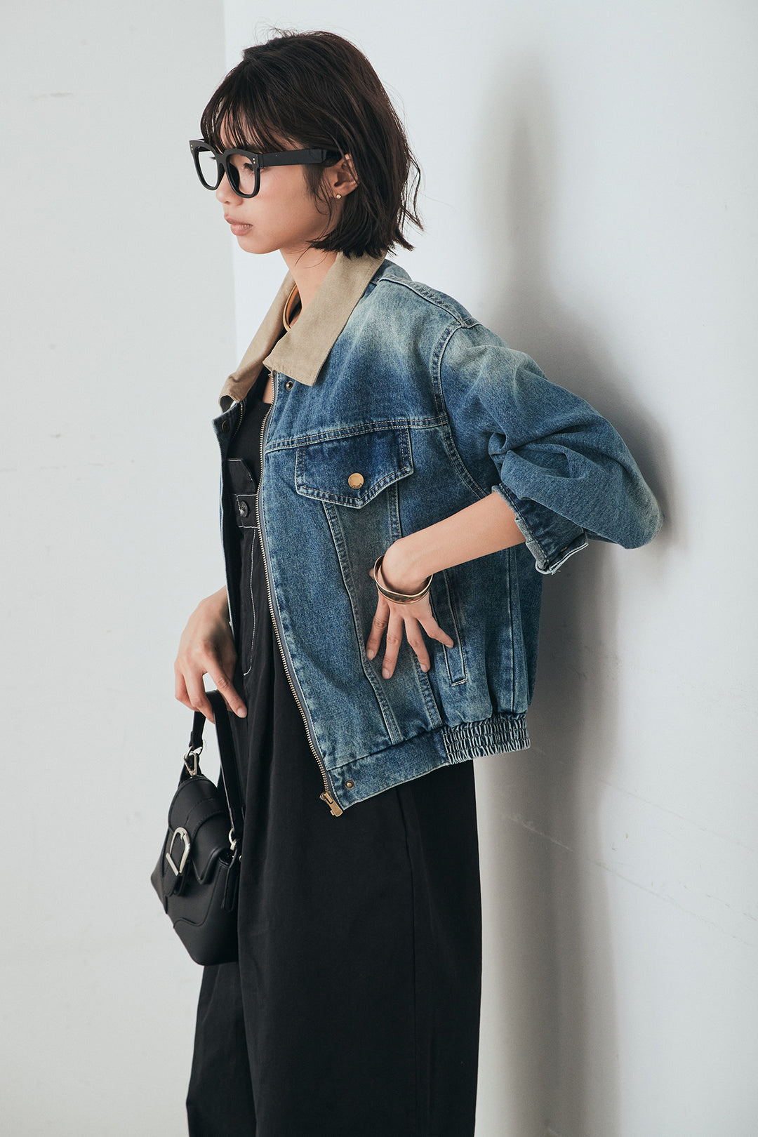 [SET]襟切り替えジップデニムジャケット+綿ツイルアシメサロペット(2set)