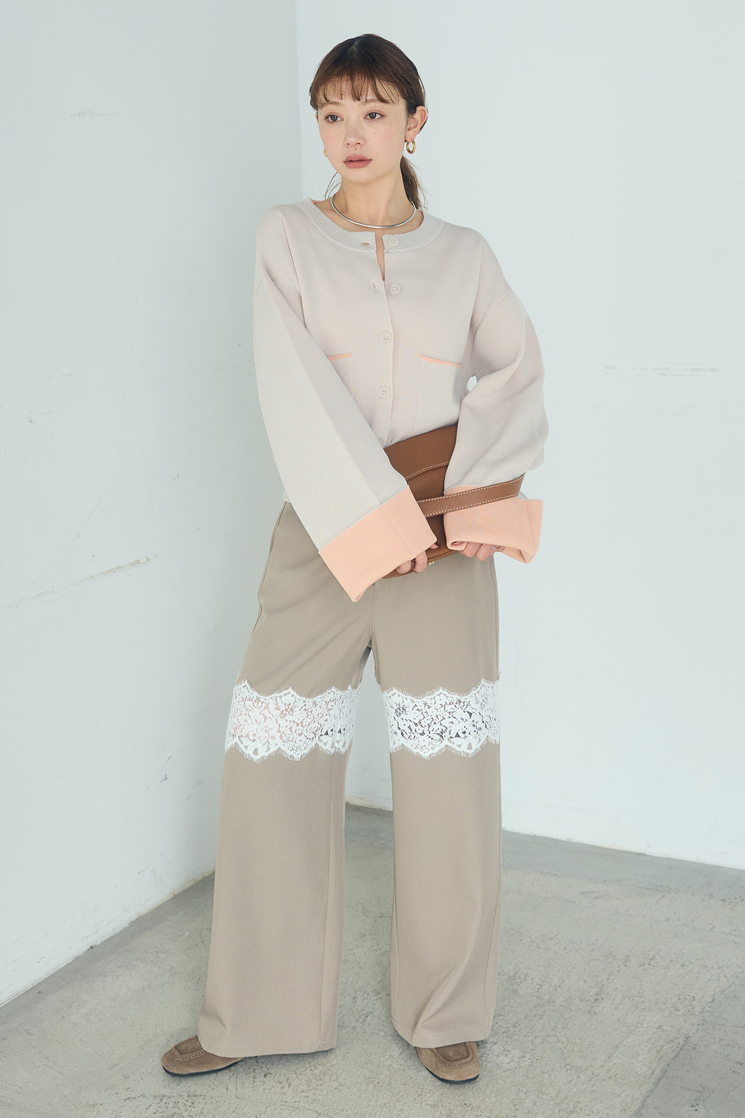 [SET]レーヨンポリダブルフェイスカーディガン+レース刺繍切替ワイドパンツ(2set)