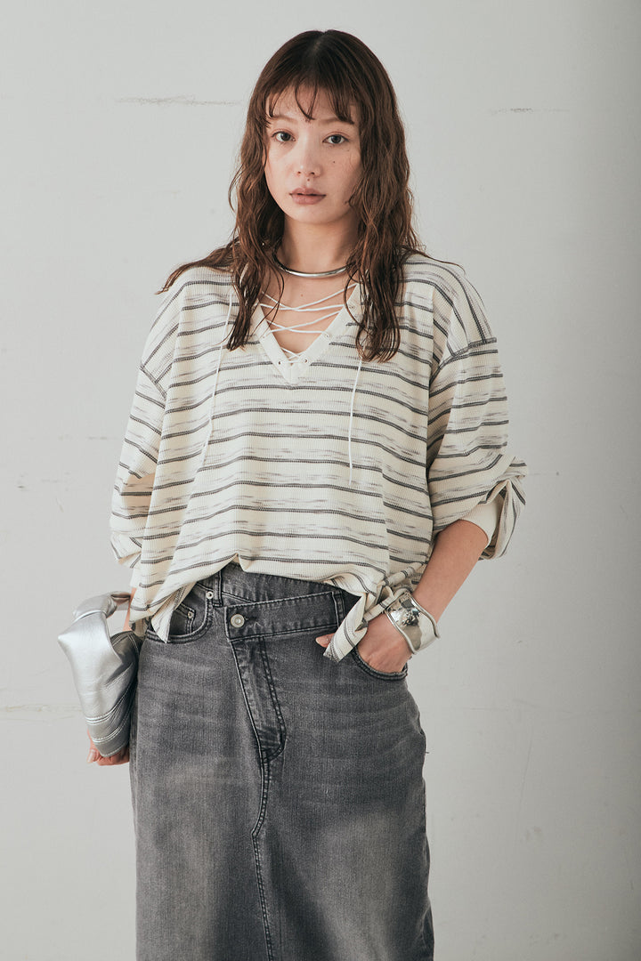 [SET]レースアップワッフルボーダートップス+ウエストクロスデニムタイトスカート(2set)