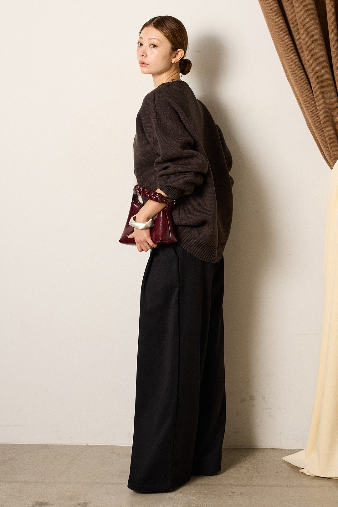 [SET]アニマルジャガード柄ニットトップス+巻ベルトウエストレザーライクワイドパンツ(2set)