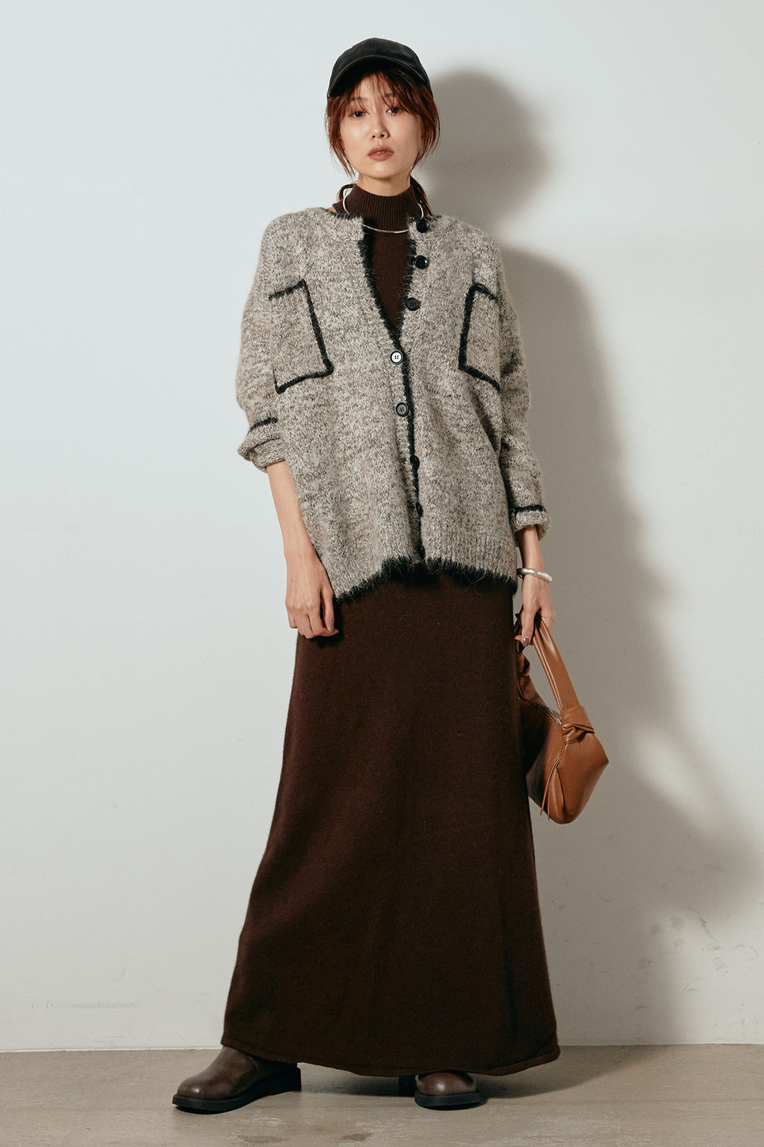 [SET]ミックスニットポケットカーディガン+ノースリーブニットロングワンピース(2set)