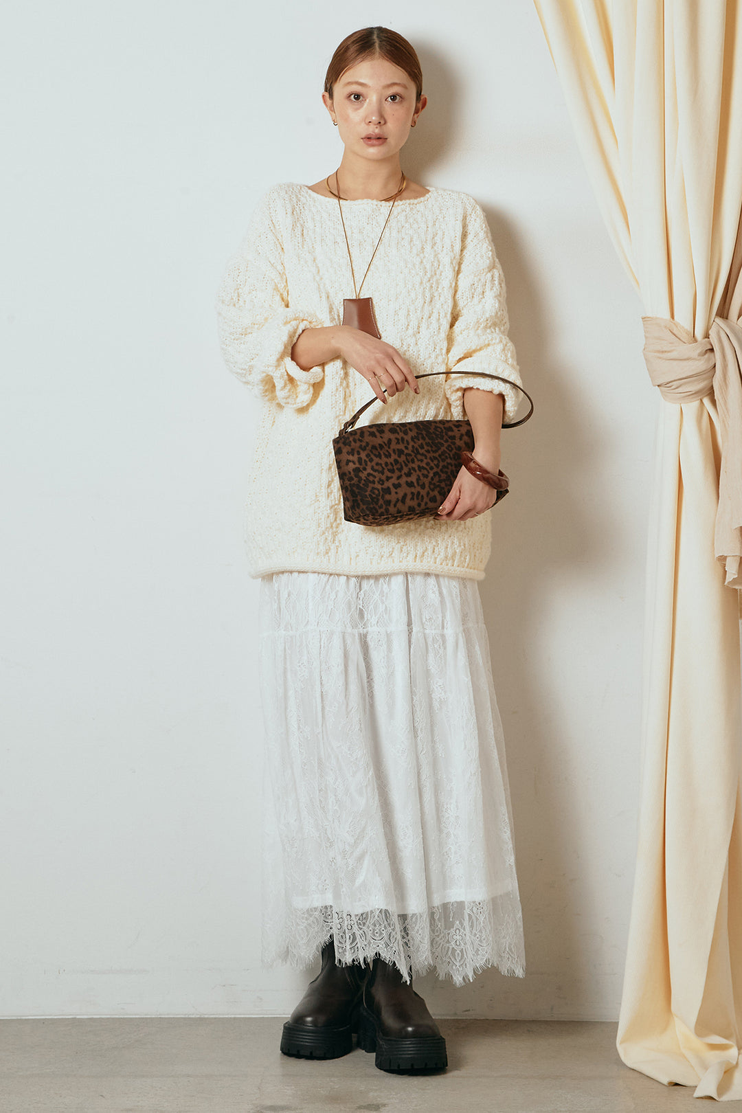 [SET]ボリューム編みニットプルオーバー+ひげレース切替ロング丈スカート(2set)