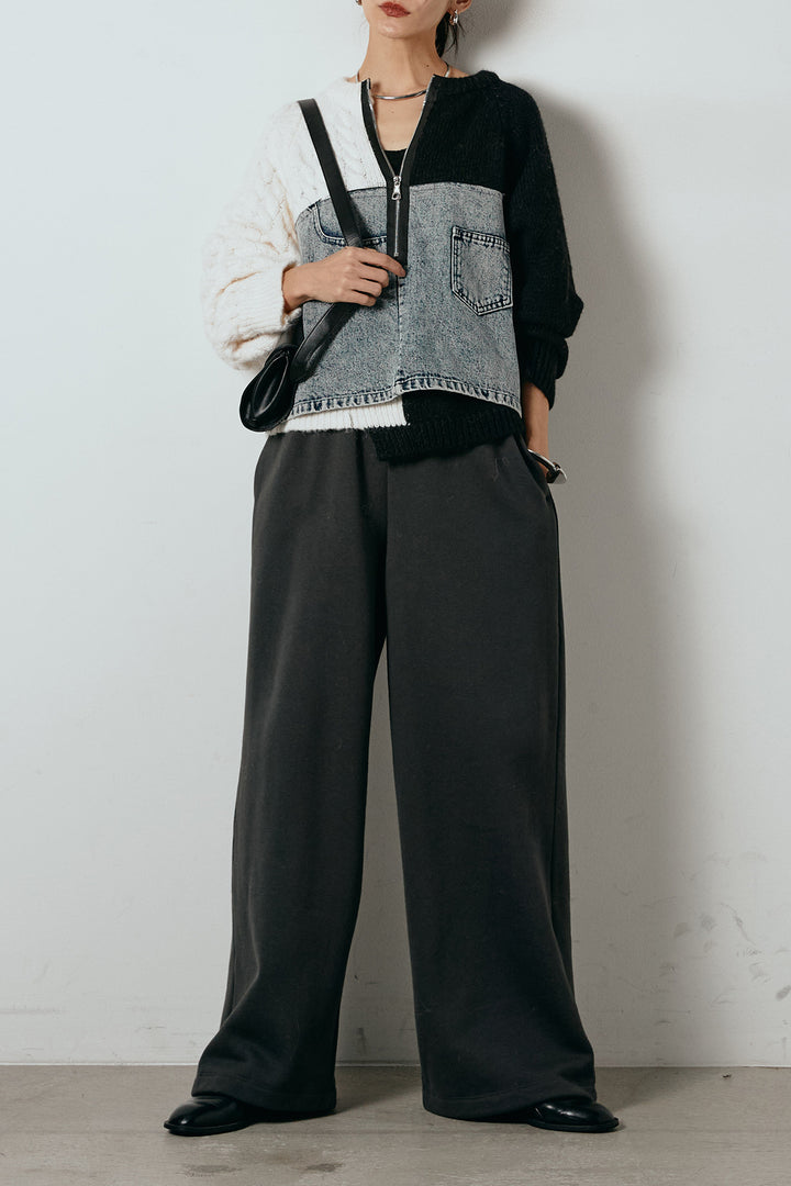 [SET]ハーフジップニットデニムドッキングトップス+裏起毛スウェットワイドパンツ(2set)