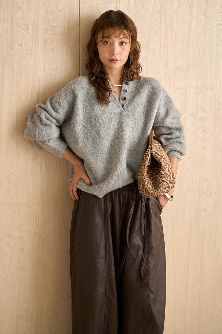 [SET]シャギーヘンリーオーバーニット+フェイクレザーカーブワイドパンツ(2set)