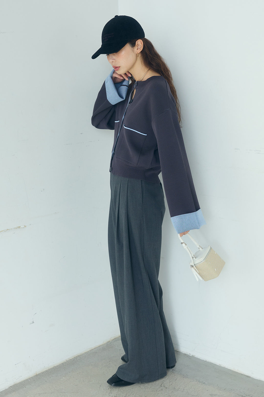 [SET]レーヨンポリダブルフェイスカーディガン+サイドベルトタック入りスラックス(2set)