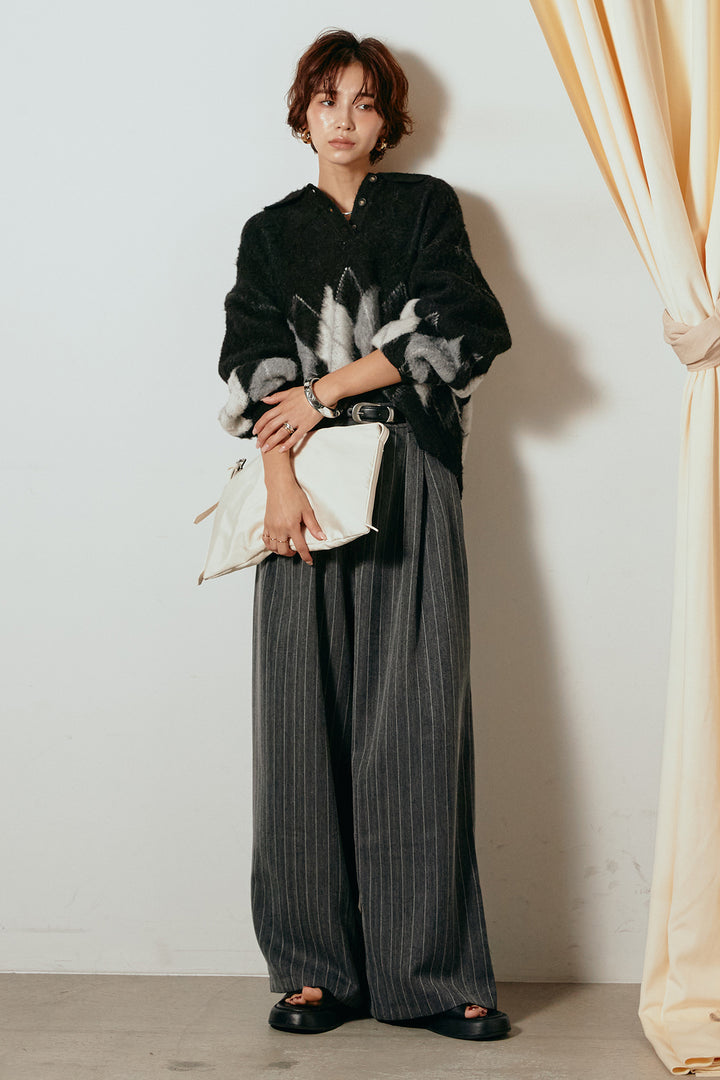 [SET]アーガイル柄ポロニットトップス+ストライプヘリンボーンパンツ(2set)