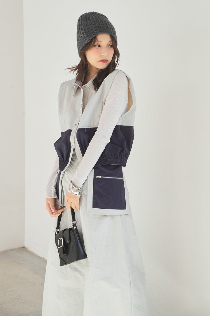 [SET]襟付きナイロンベスト+サイドデザインナイロンスカート+リブシアークルーネック長袖トップス(3set)