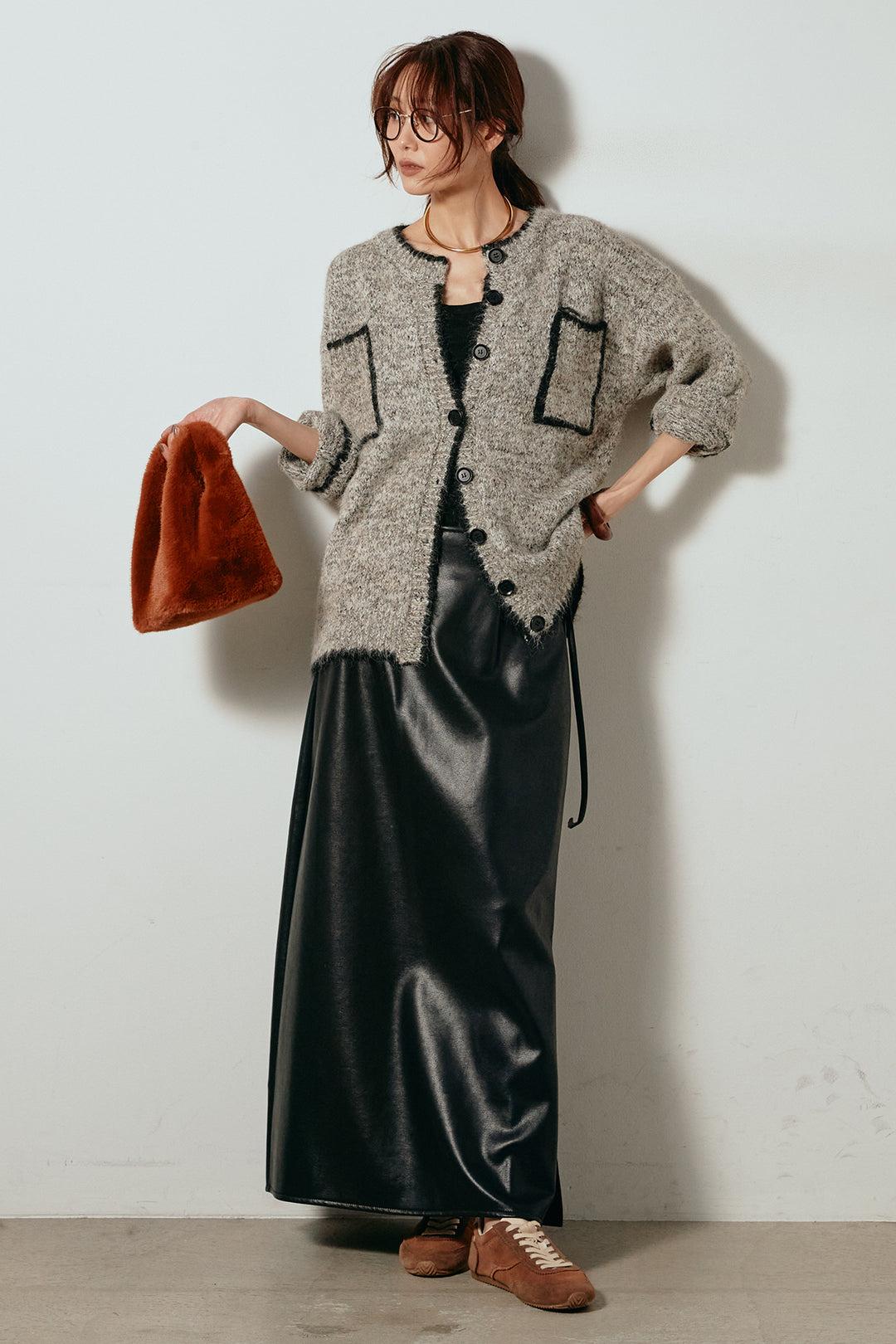 [SET]ミックスニットポケットカーディガン+紐付きフェイクレザーワイドスカート(2set)