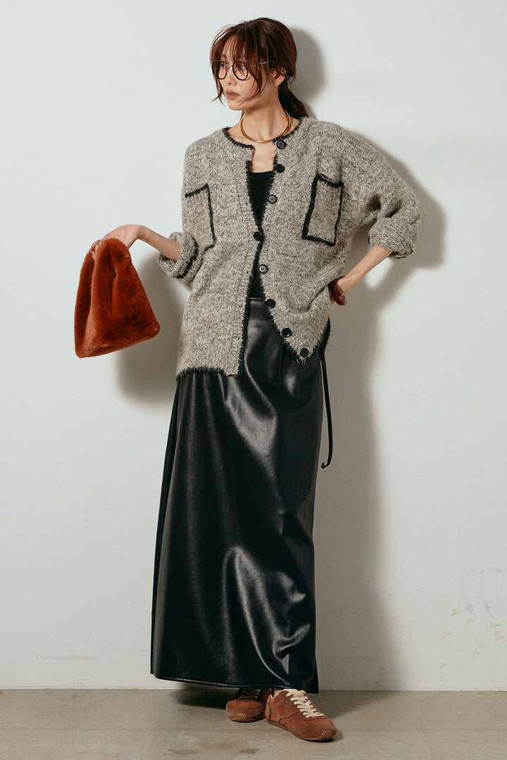 [SET]ミックスニットポケットカーディガン+紐付きフェイクレザーワイドスカート(2set)