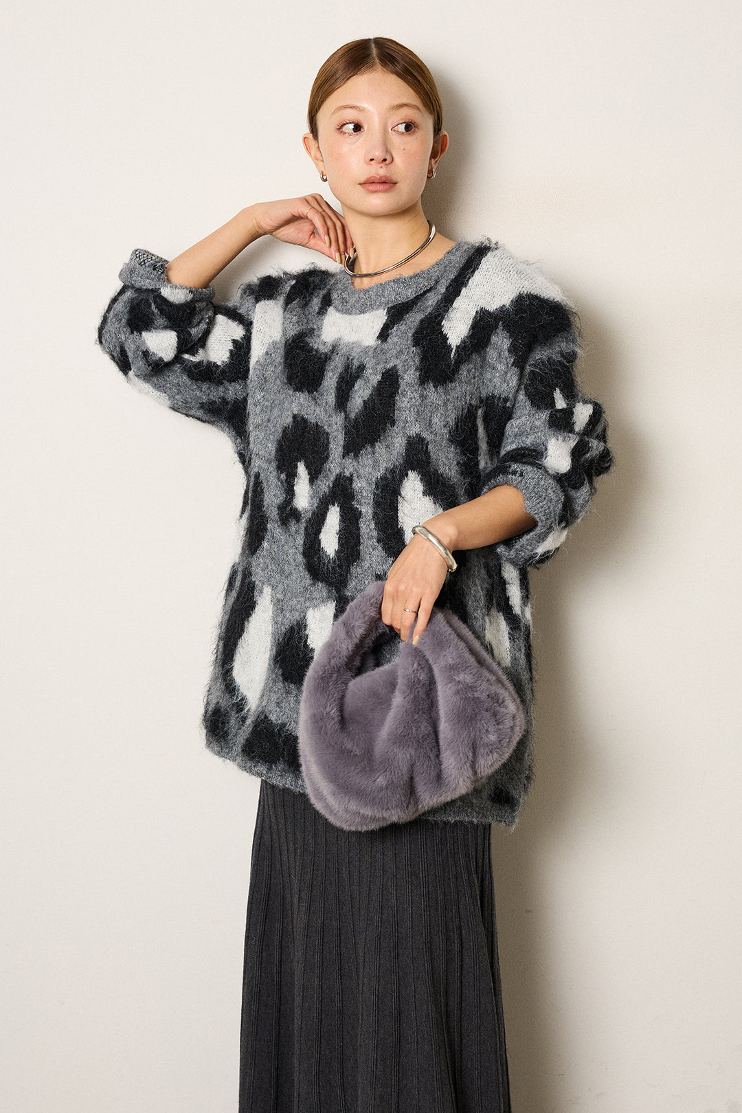 [SET]ルーズアニマルモヘアニットトップス+編み地切り替えフレアニットスカート(2set)