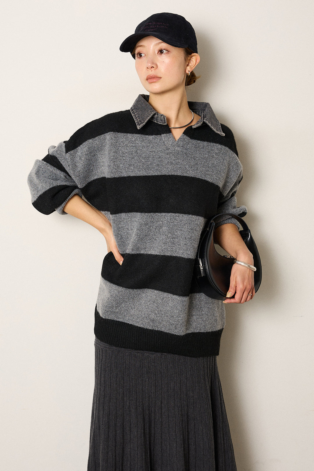 [SET]デニムカラーボーダールーズニット+編み地切り替えフレアニットスカート(2set)