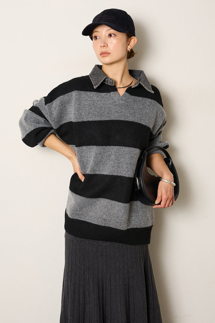 [SET]デニムカラーボーダールーズニット+編み地切り替えフレアニットスカート(2set)