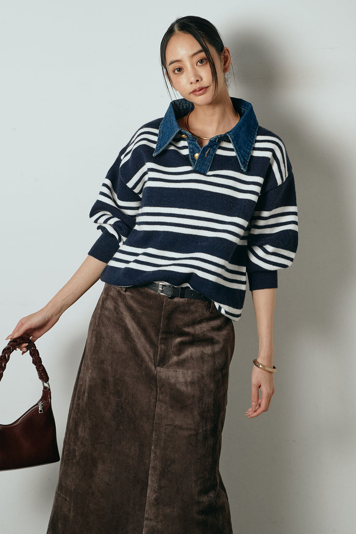 [SET]デニムレイヤード風ランダムボーダーニットプルオーバー+エコスウェードワイドスカート(2set)