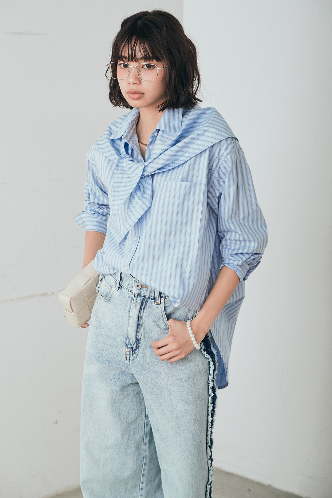 [SET]ランダムストライプスカーフ付きシャツ+デニムサイドフリルパンツ(2set)