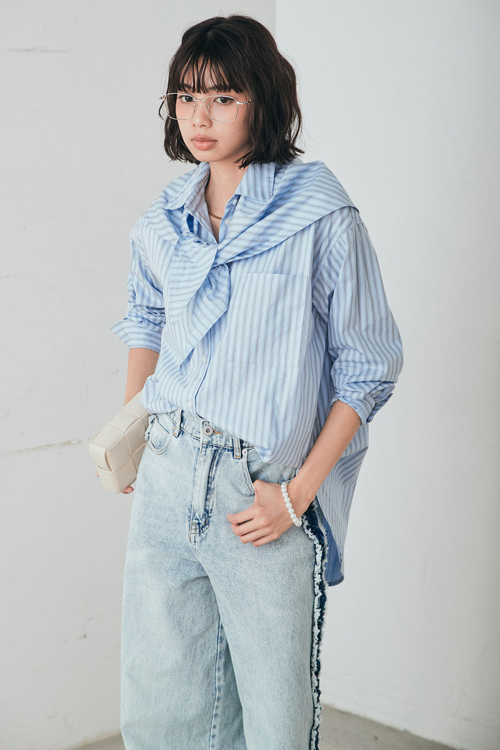 [SET]ランダムストライプスカーフ付きシャツ+デニムサイドフリルパンツ(2set)