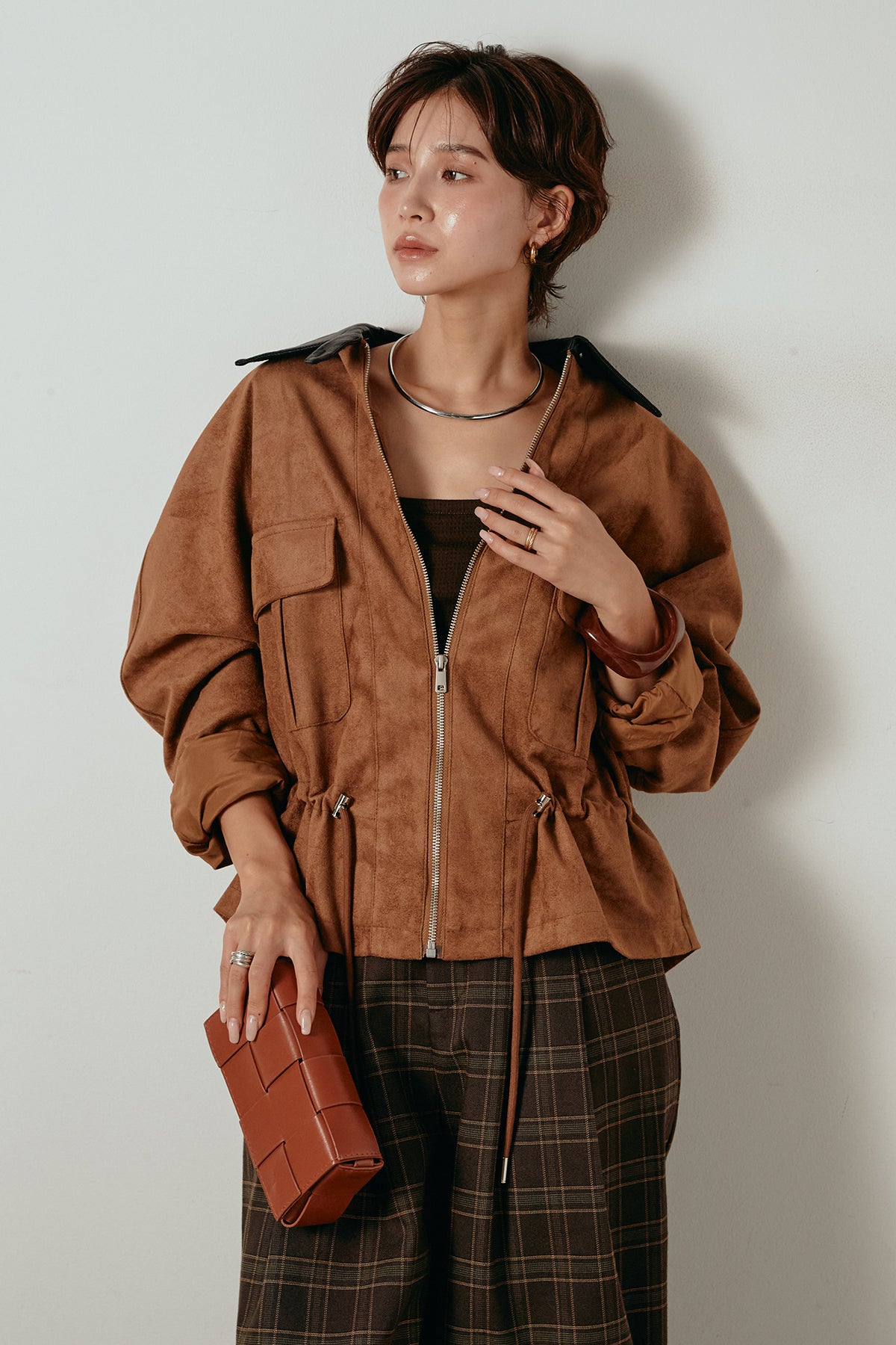 襟付きウエスト絞りスウェードジャケット – ESICA