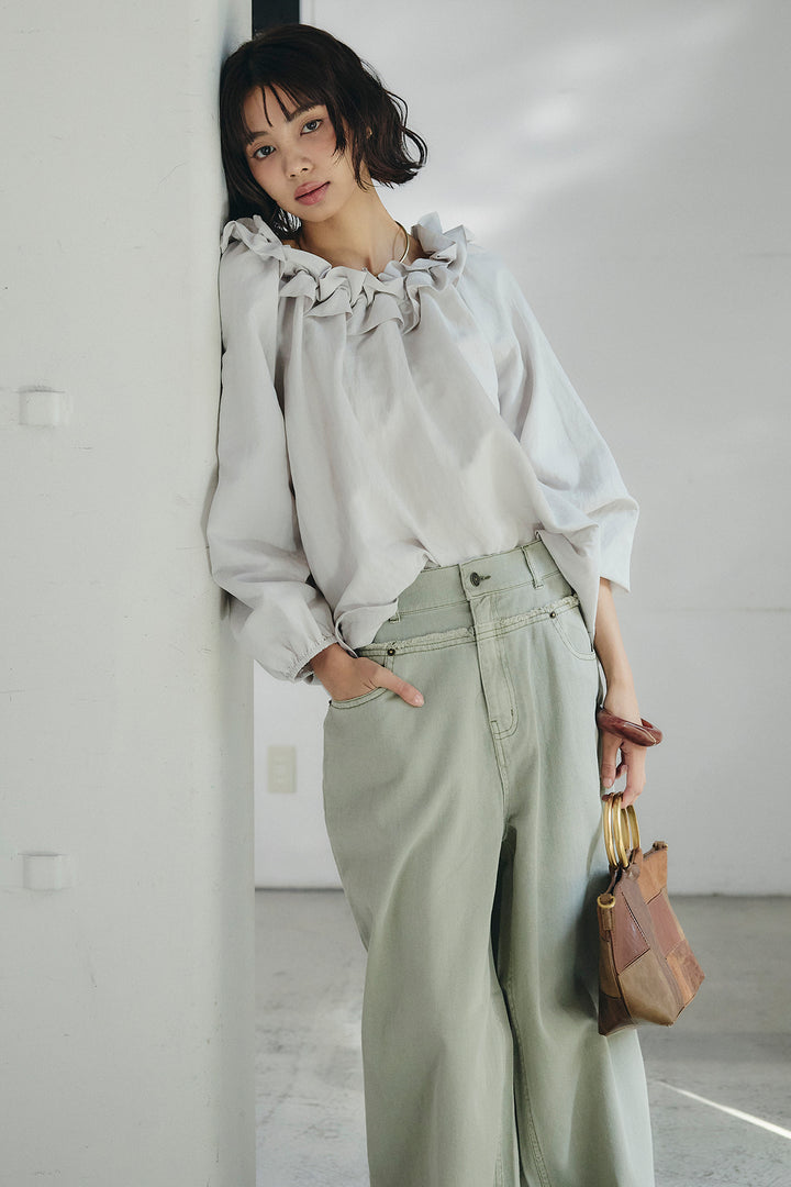 [SET]ネックフリルデザインブラウス+ウエスト裁ち切りデニムワイドパンツ(2set)