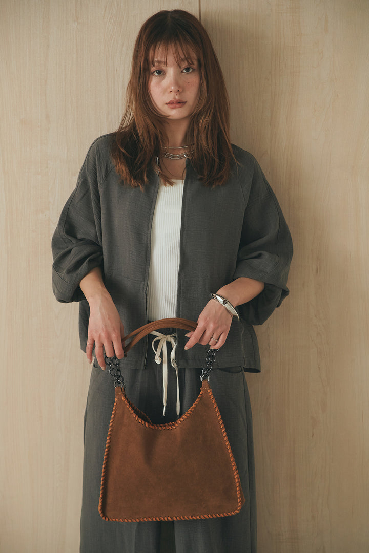 [SET]麻混ノーカラーブルゾン+麻混ウエストドロストパンツ(2set)