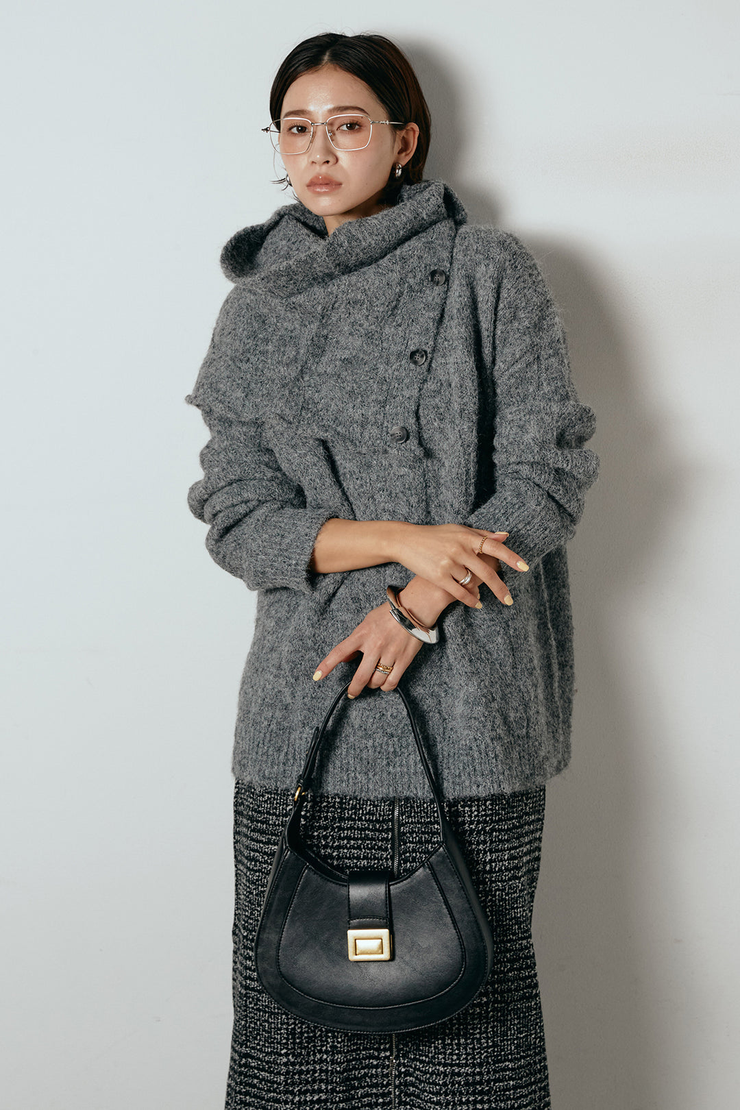 [SET]ケープデザインケーブルニットトップス+グレンチェック柄フロントジップタイトスカート(2set)