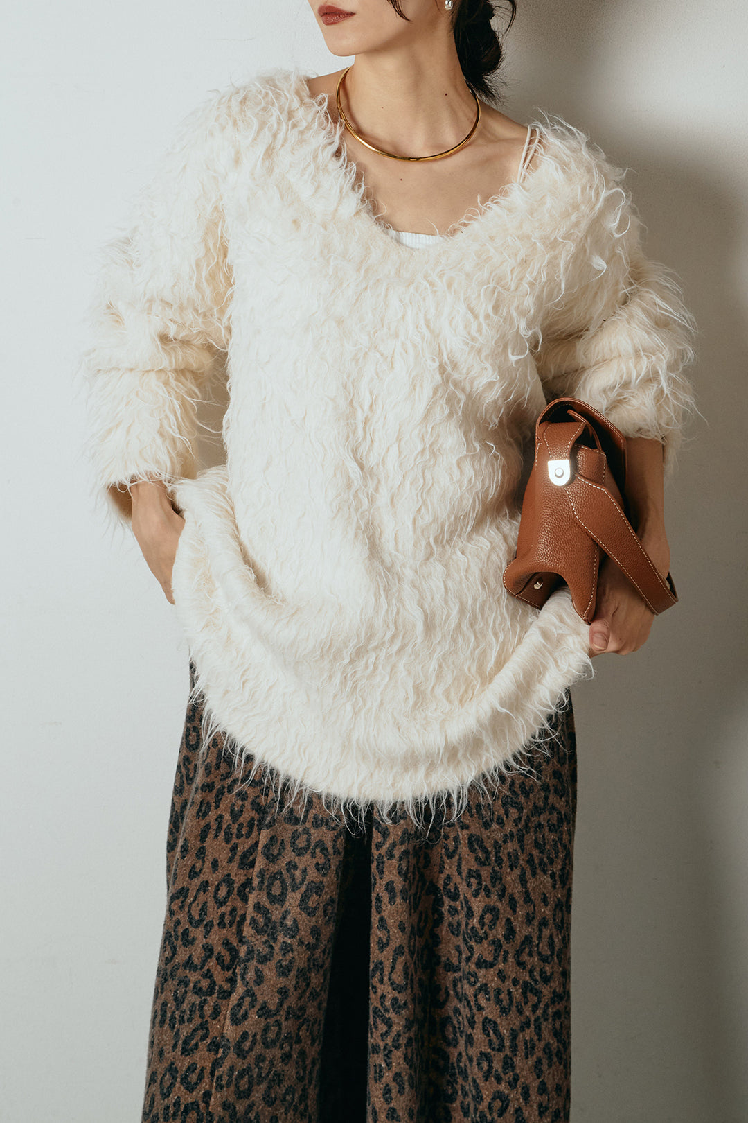 [SET]深Vネックシャギーニットトップス+リラックスレオパード柄ワイドパンツ(2set)