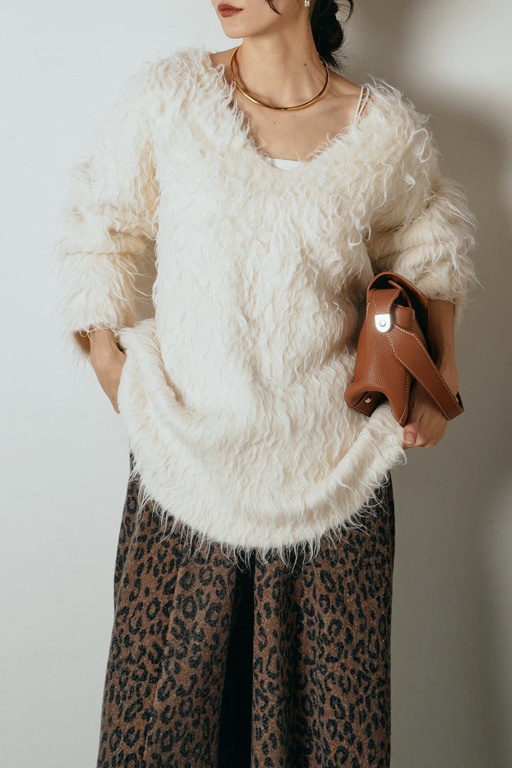 [SET]深Vネックシャギーニットトップス+リラックスレオパード柄ワイドパンツ(2set)