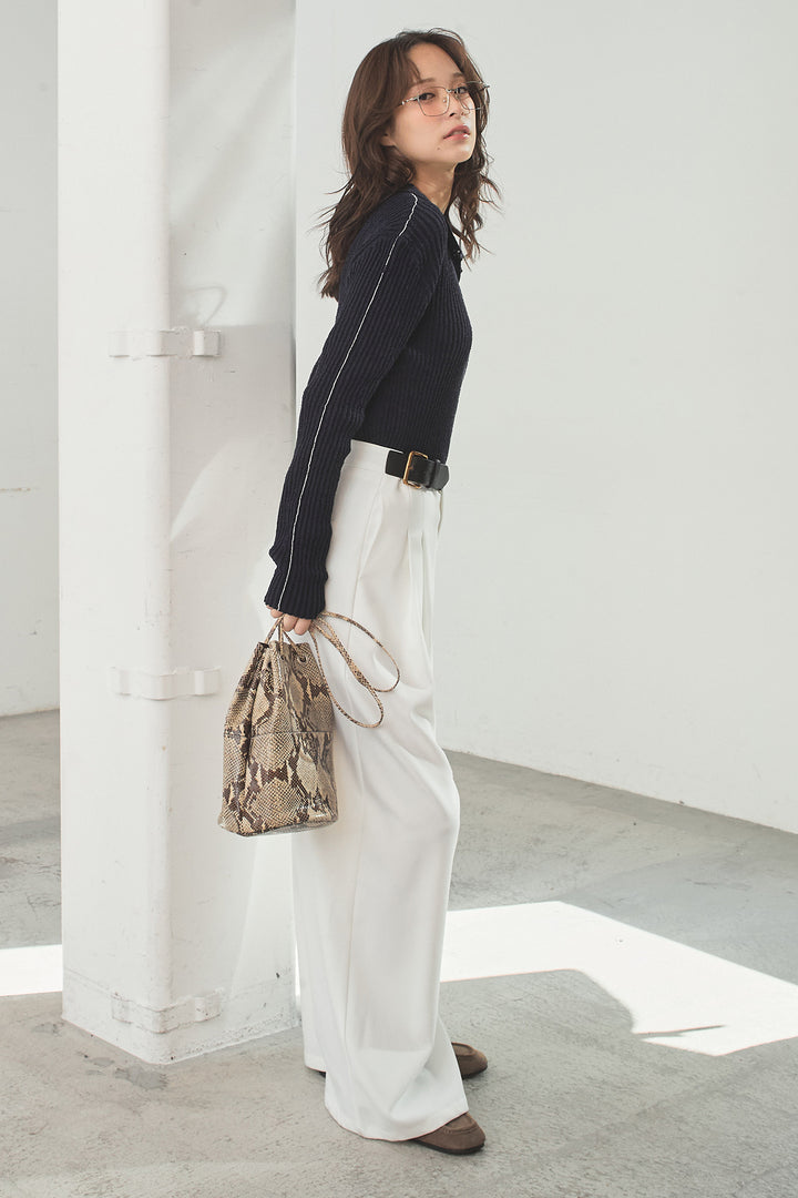 [SET]衿付きニットプルオーバー+サイドベルトタック入りスラックス(2set)