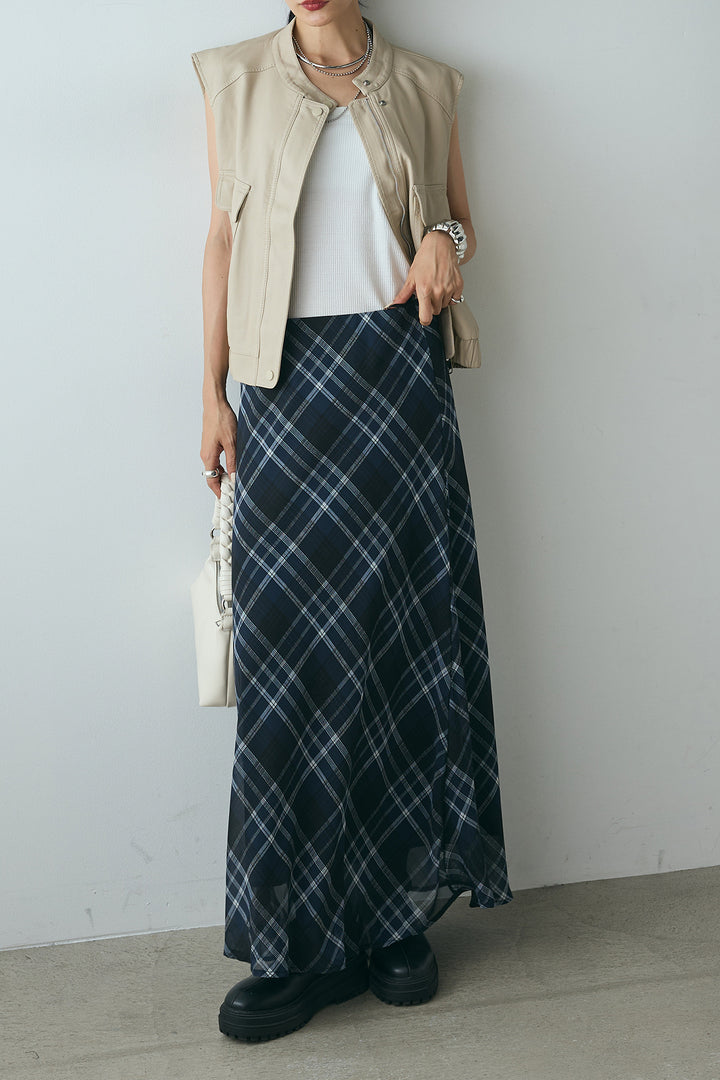 [SET]バンドカラーフェイクレザーベスト+マルチ柄シアースカート(2set)