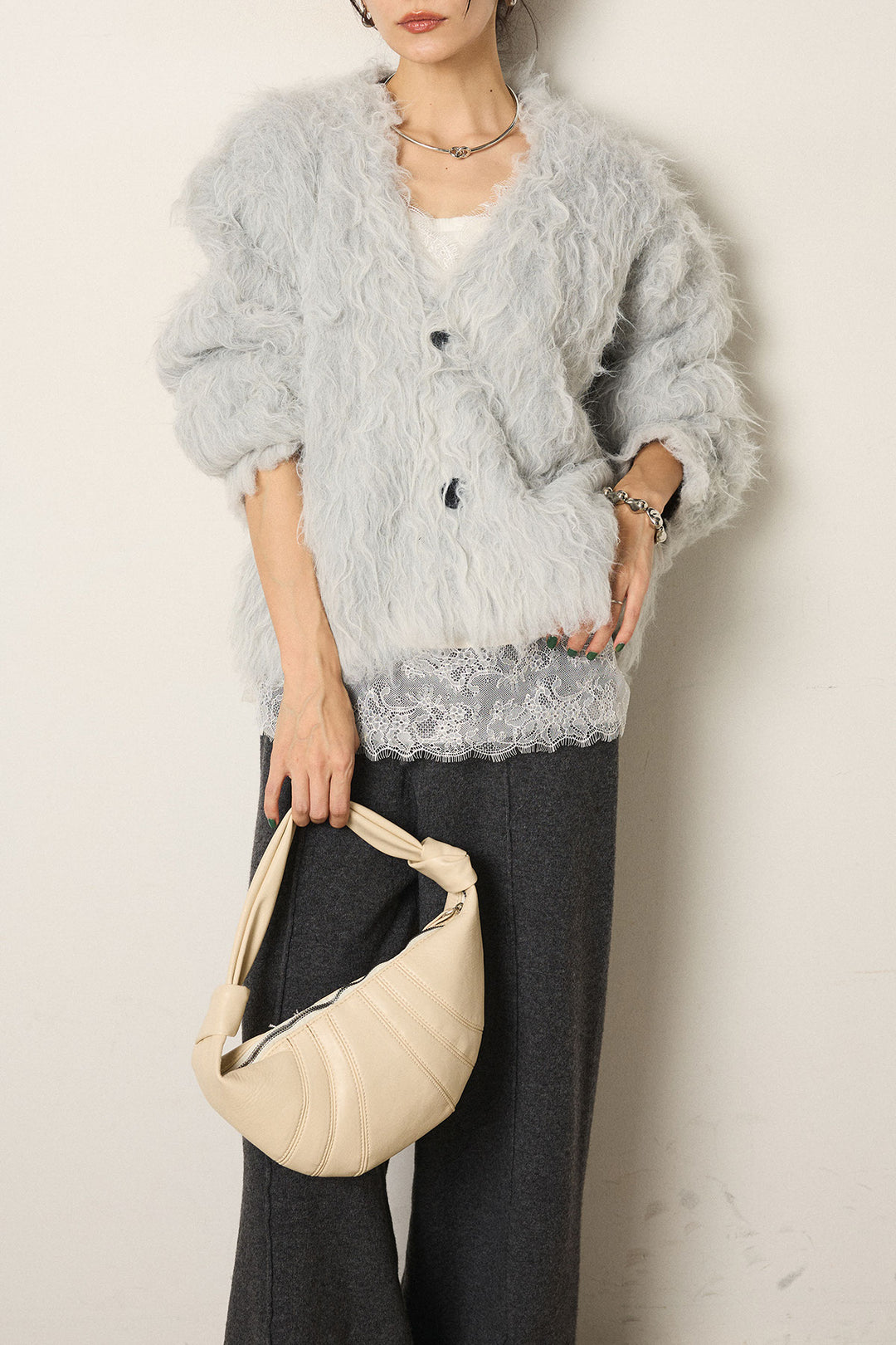 [SET]起毛シャギーニットカーディガン+レース切り替えキャミソール(2set)