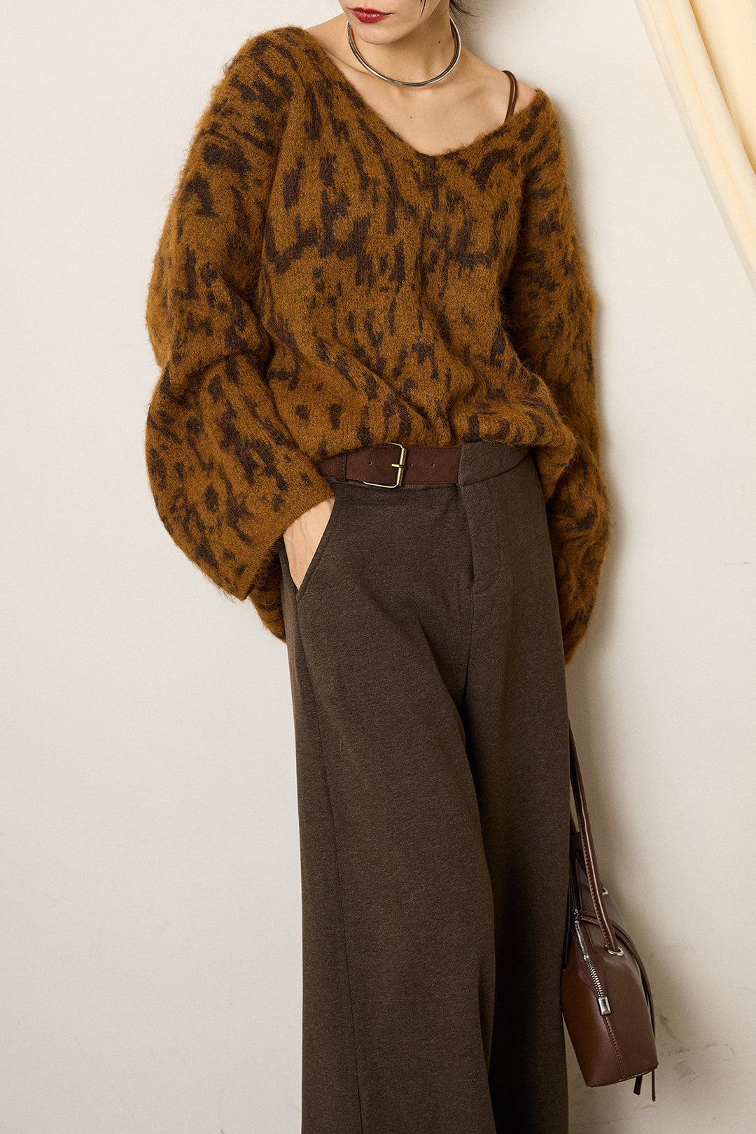 [SET]フラッフィーレオパードシャギーニット+サイドベルトパンツ(2set)
