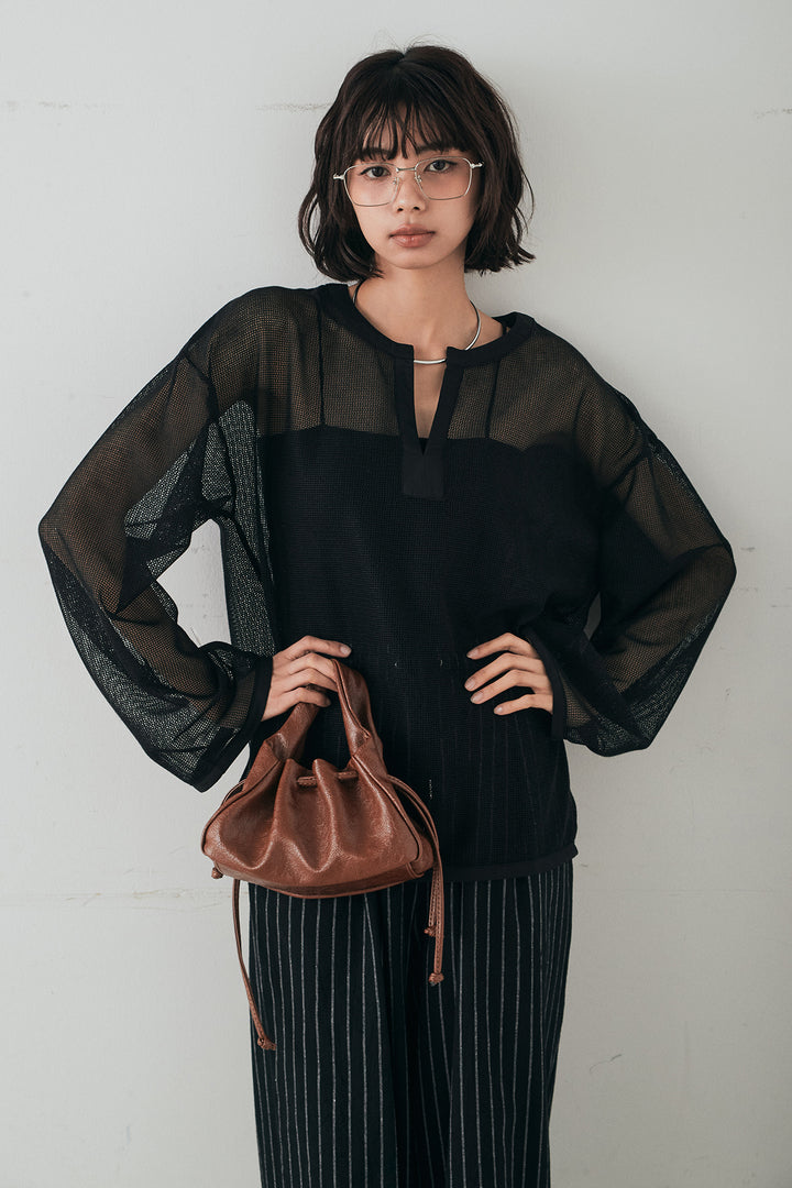 [SET]メッシュカットソースキッパープルオーバー+リネンライクストライプタックイージーパンツ(2set)