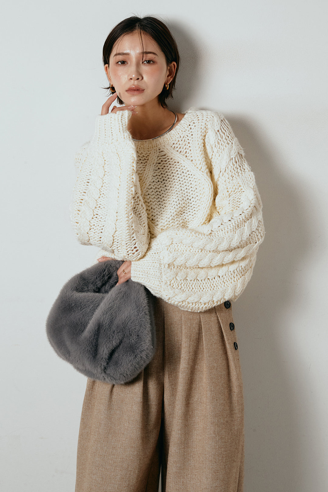 [SET]ロービングケーブルショート丈プルオーバー+サイドボタンツイードタックパンツ(2set)