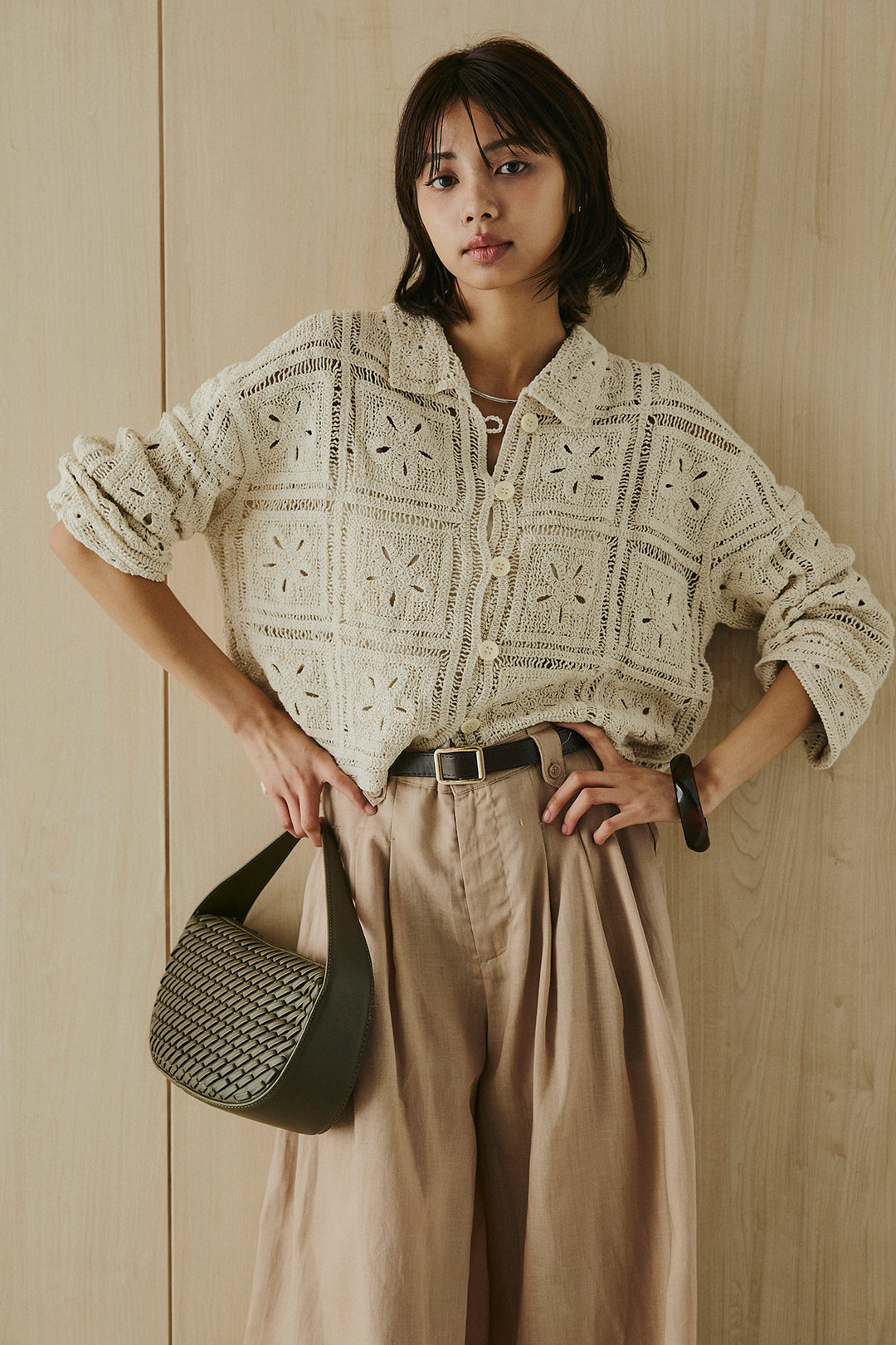 [SET]鍵編みフラワーレースカーディガン+タック入りワイドパンツ(2set)