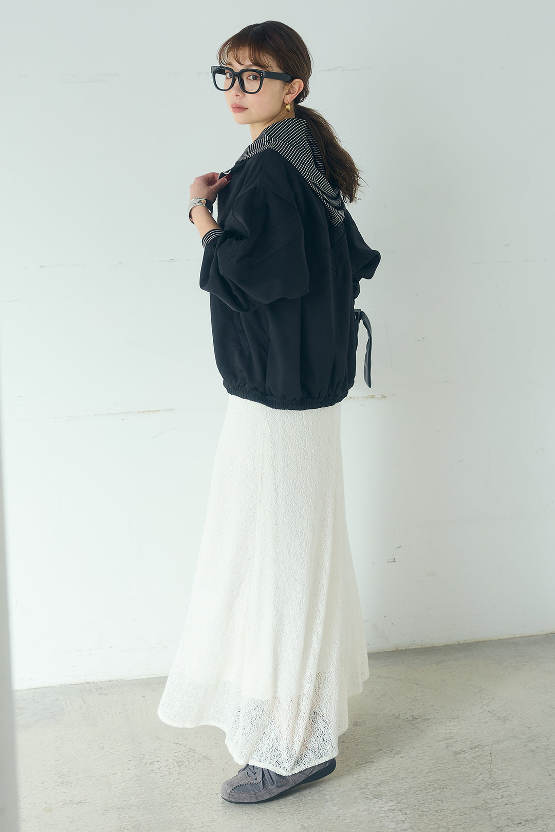 [SET]マルチ切り替えドルマンブルゾン+メッシュ刺繍ロングスカート+ボーダーフーディーロンT(3set)