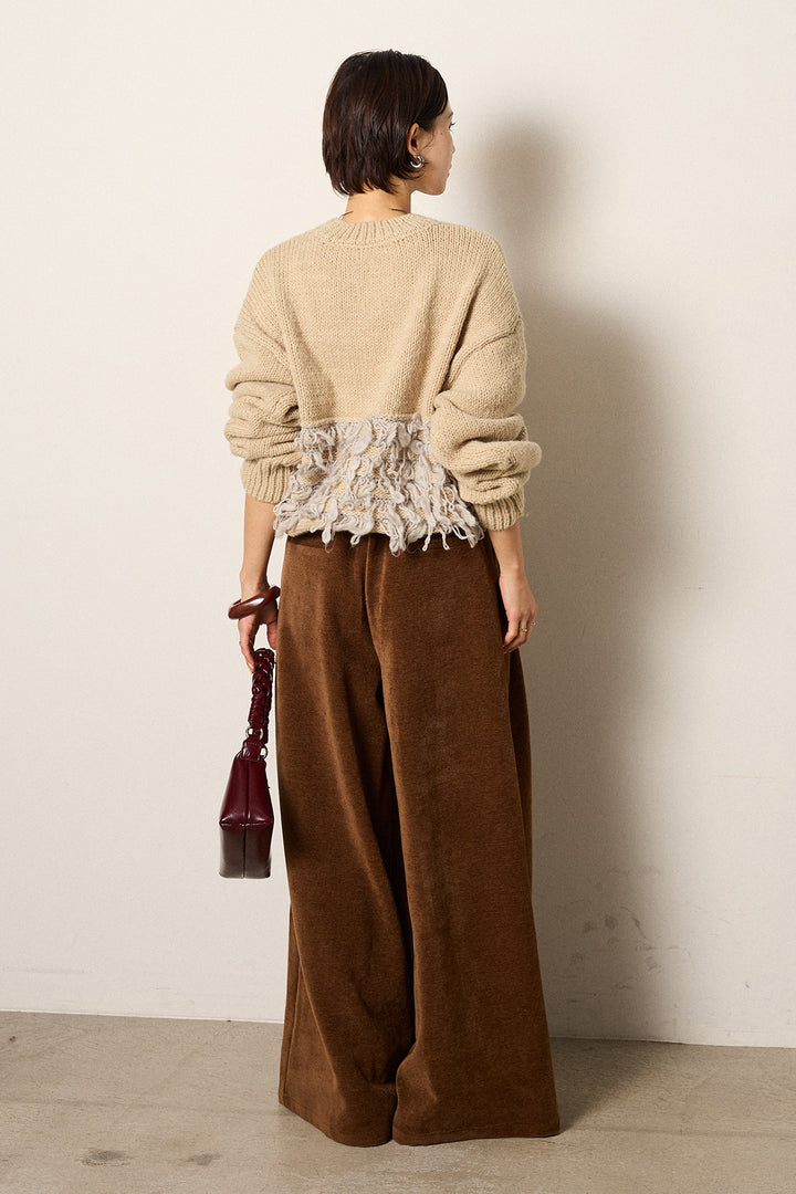 [SET]ループ編み切り替えニットプルオーバー+ベルトループコーデュロイワイドパンツ(2set)