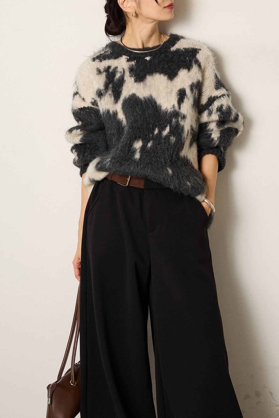 [SET]モヘアタッチマーブルニット+サイドベルトパンツ(2set)