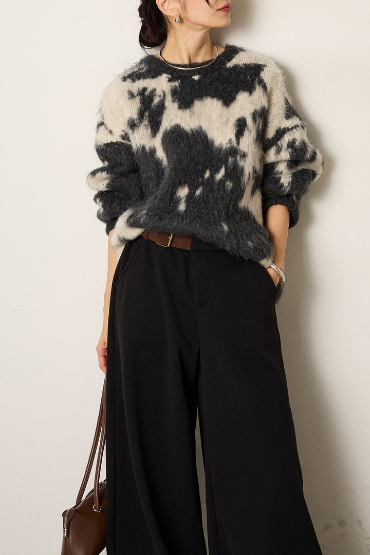 [SET]モヘアタッチマーブルニット+サイドベルトパンツ(2set)
