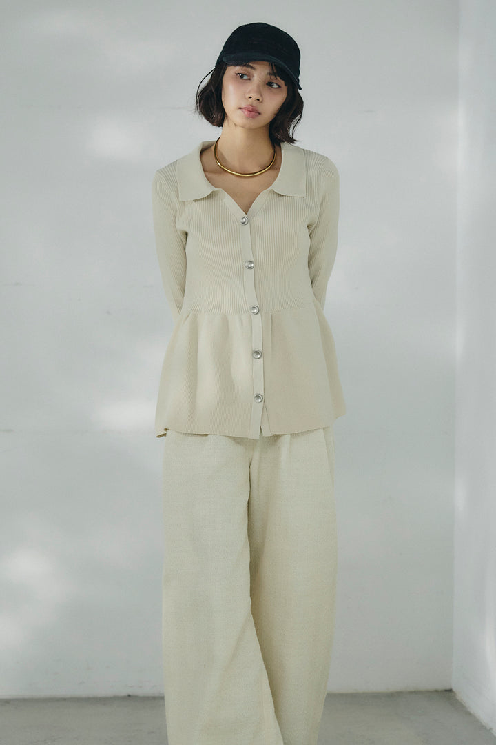 [SET]スキッパーペプラムニット+デニムライクヘリンボーンタックパンツ(2set)