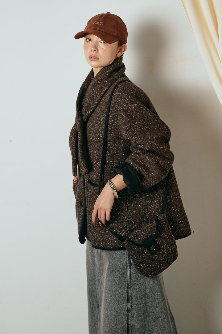 [SET]ノーカラーマフラーバッグ付きアウター+デニムロングフレアスカート(2set)